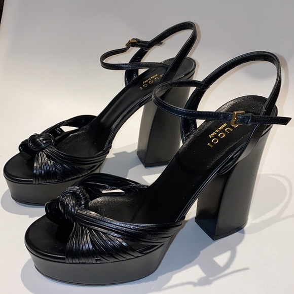 Gucci Italy  platform black leather sandals pumps heel buckle classic footwear - Picture 4 of 8